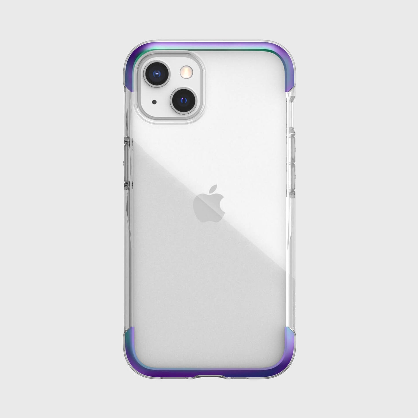 The back of an iPhone 13 Case - AIR with Raptic Air wireless charging and rainbow-colored back.