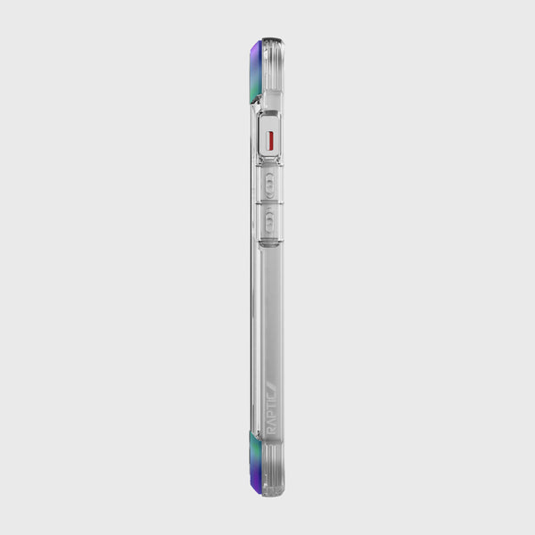 The back view of a Raptic iPhone 13 Case - AIR with a rainbow colored trim featuring 13 foot drop protection and wireless charging capabilities.