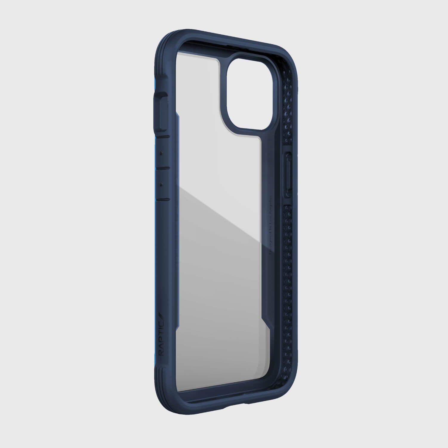 A blue iPhone 13 Case - SHIELD PRO by Raptic with a clear back, offering drop protection.