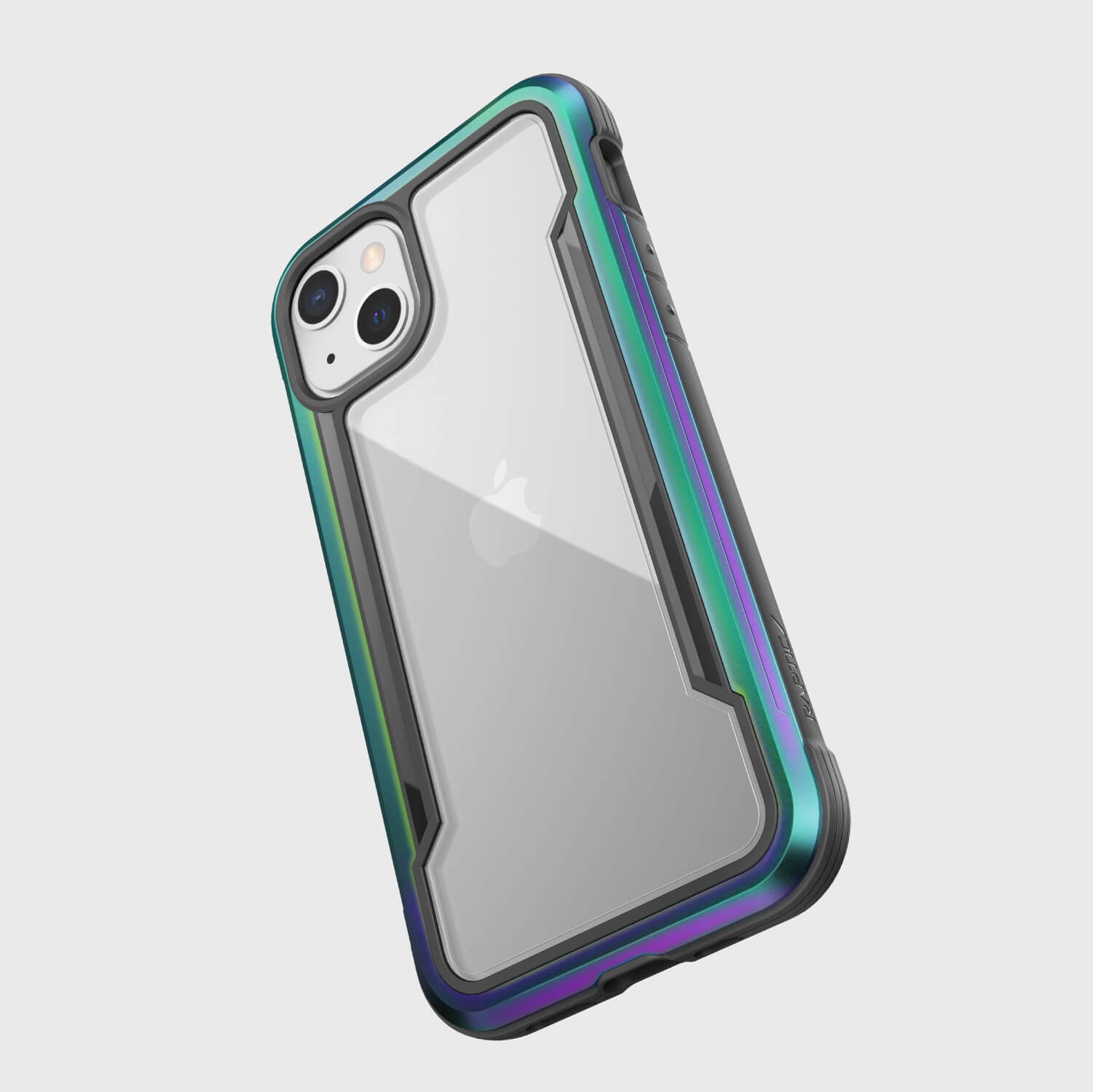 The back of an iPhone 13 Mini Case - SHIELD PRO from Raptic with a rainbow colored back.