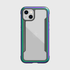 The back view of an iPhone 13 Mini Case - SHIELD PRO by Raptic in purple and green.
