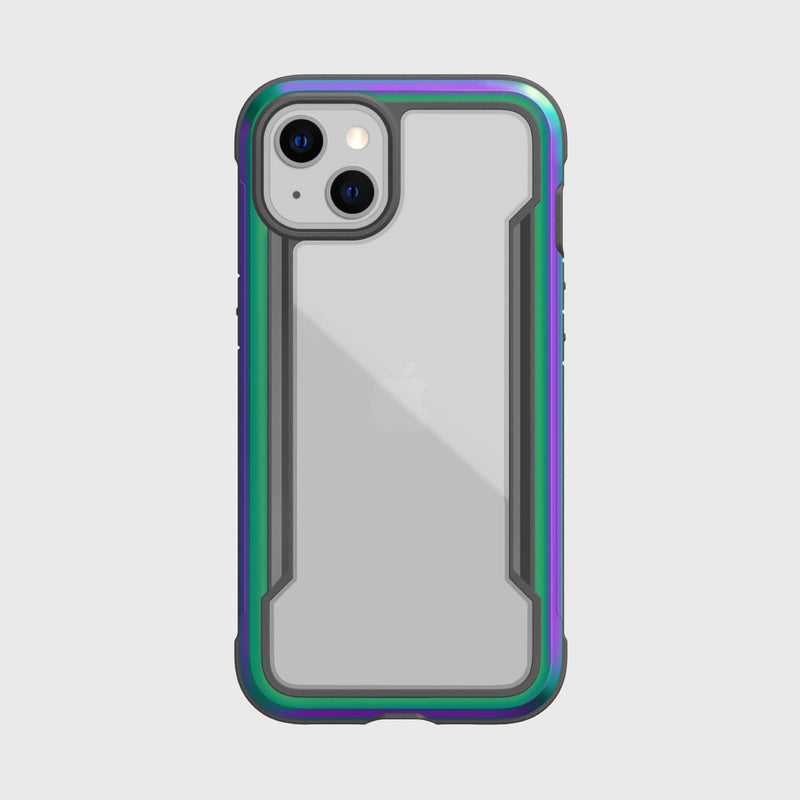 The back view of an iPhone 13 Mini Case - SHIELD PRO by Raptic in purple and green.