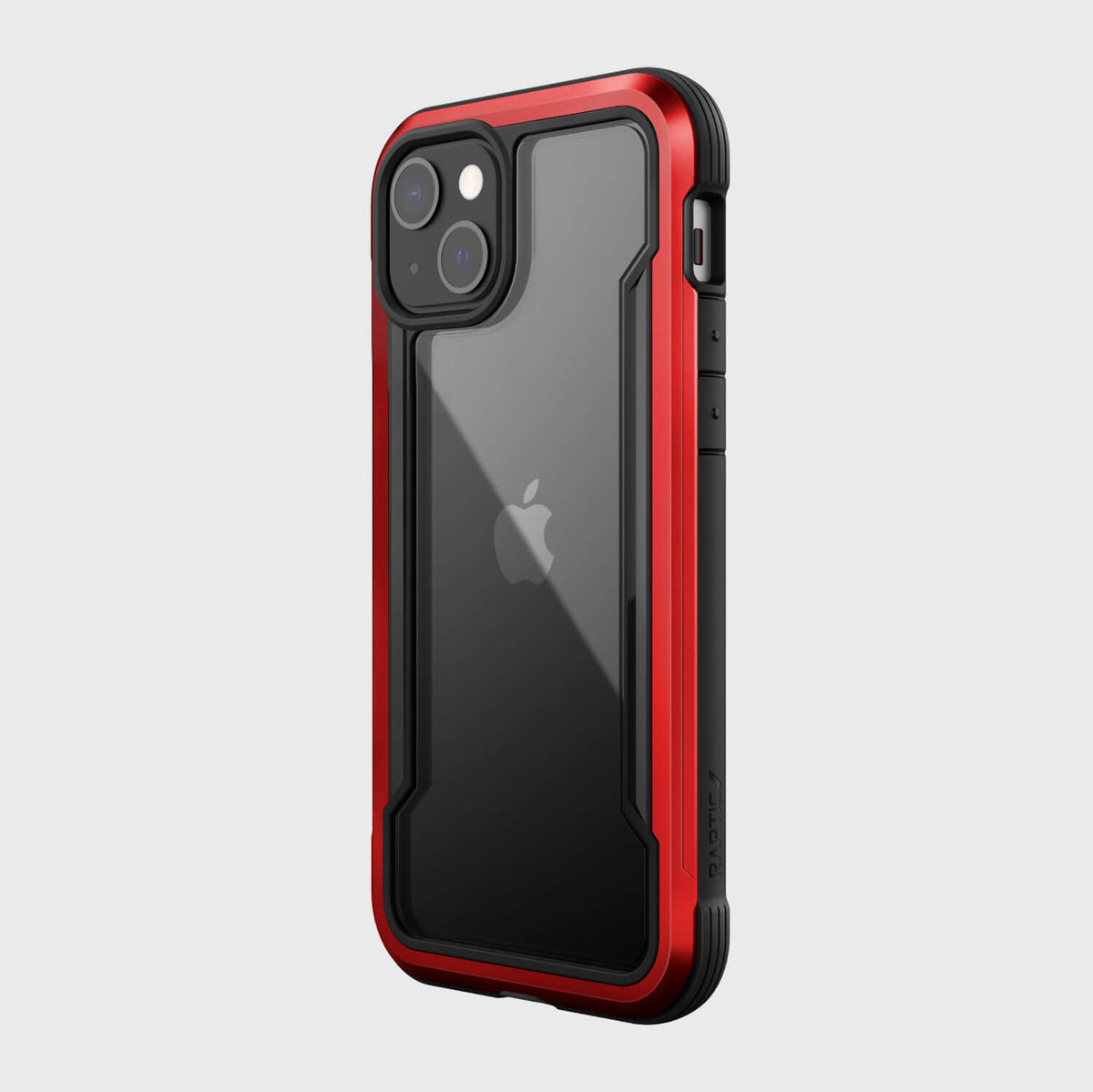A durable red and black Raptic Shield Pro case for iPhone 13, providing drop protection.