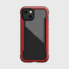 The back of an iPhone 13 Mini Case - SHIELD PRO in red and black. (Brand: Raptic)