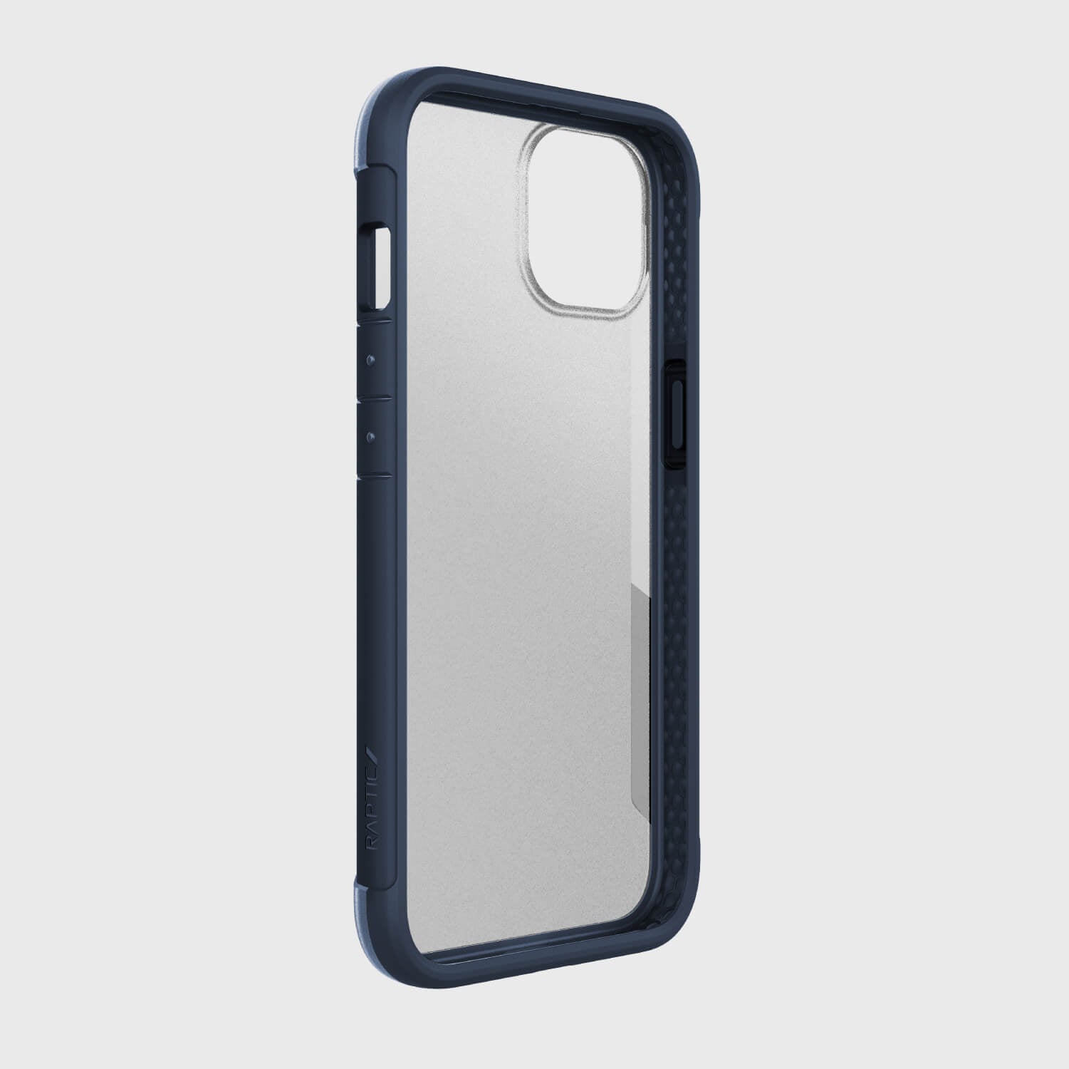A blue iPhone 13 Case - TERRAIN by Raptic with a clear back that is eco-friendly and biodegradable.