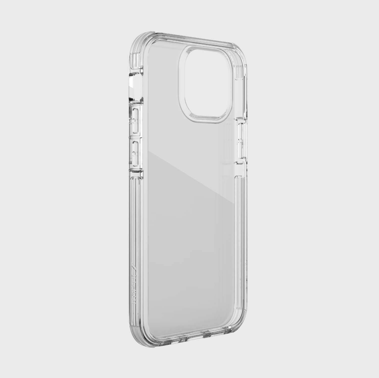 A clear iPhone 13 Mini case by Raptic on a white background.