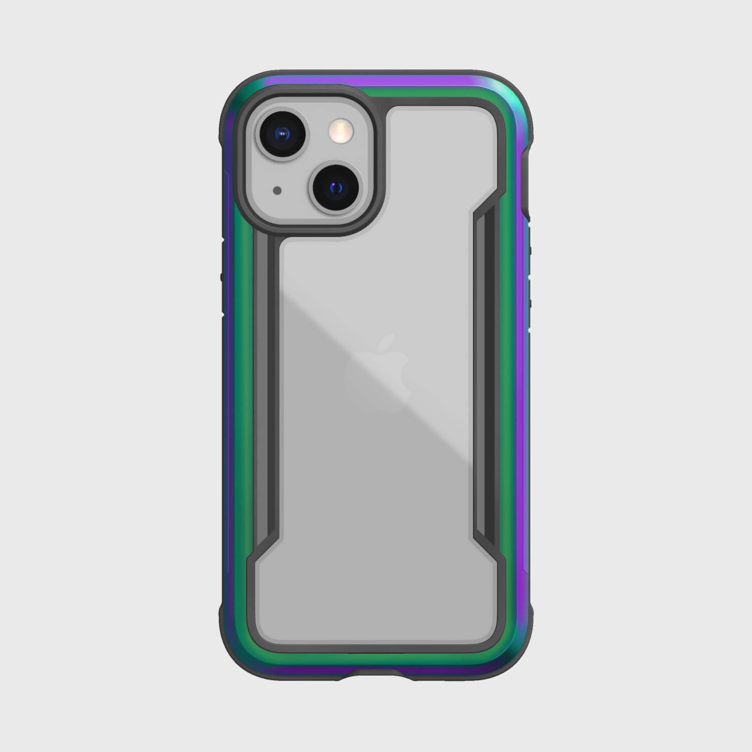 The back of an iPhone 13 Mini Case - SHIELD PRO by Raptic with a purple, green, and blue color.