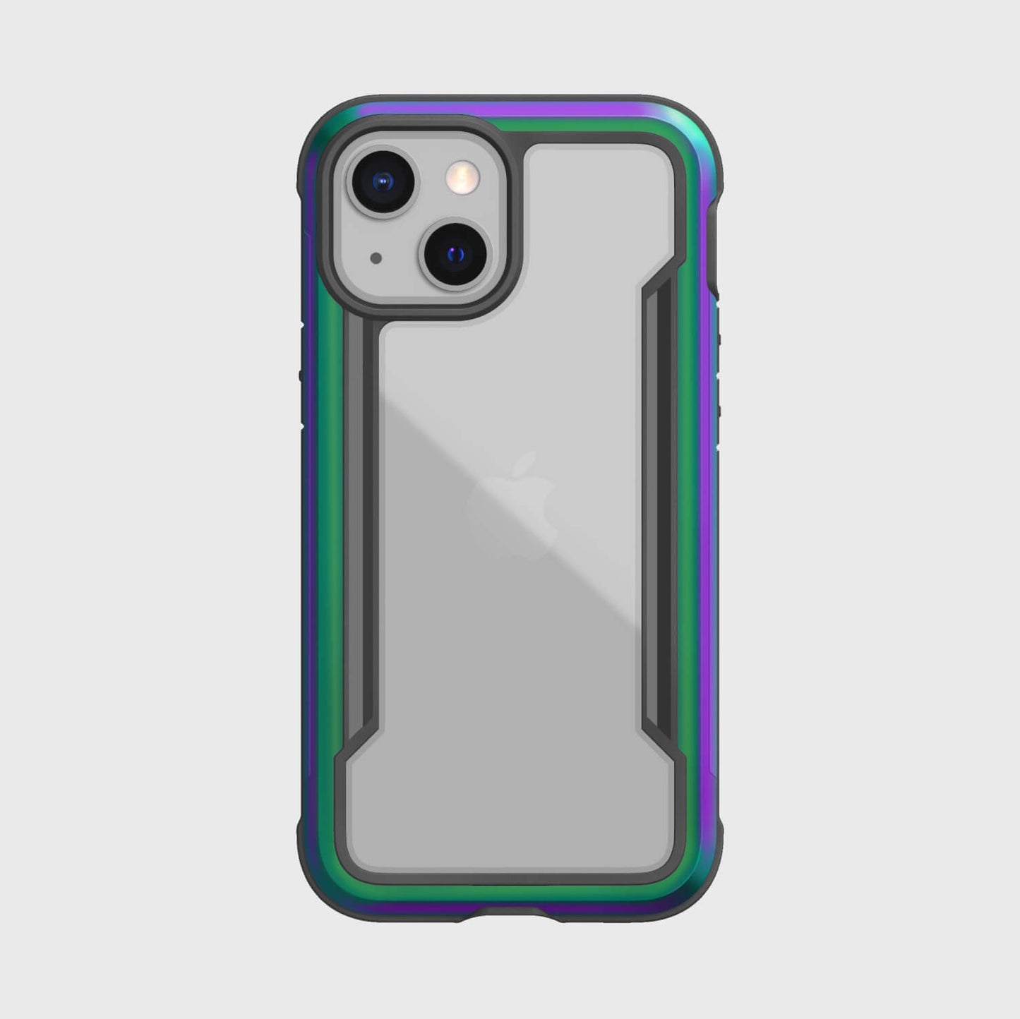 The back of an iPhone 13 Mini Case - SHIELD PRO by Raptic with a purple, green, and blue color.