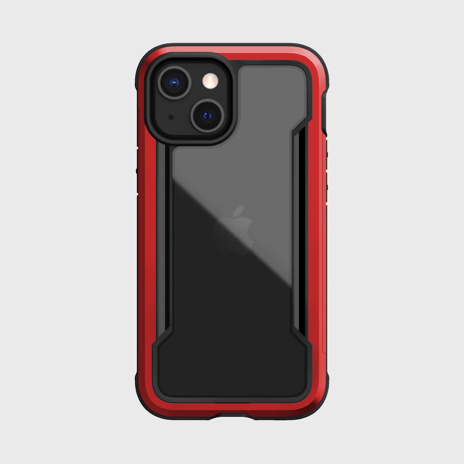 The back of an iPhone 13 Mini Case - SHIELD PRO in red and black, by Raptic.