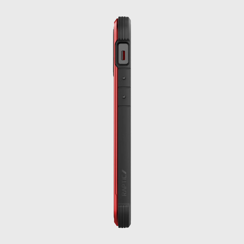 A red and black iPhone 13 Mini Case - SHIELD PRO by Raptic on a white background.