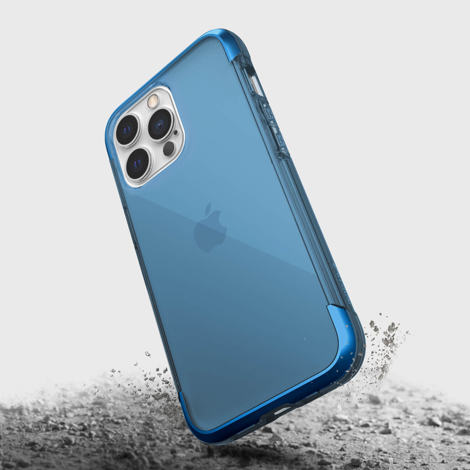An AIR Raptic iPhone 13 Pro Max case in blue with 13-foot drop protection.