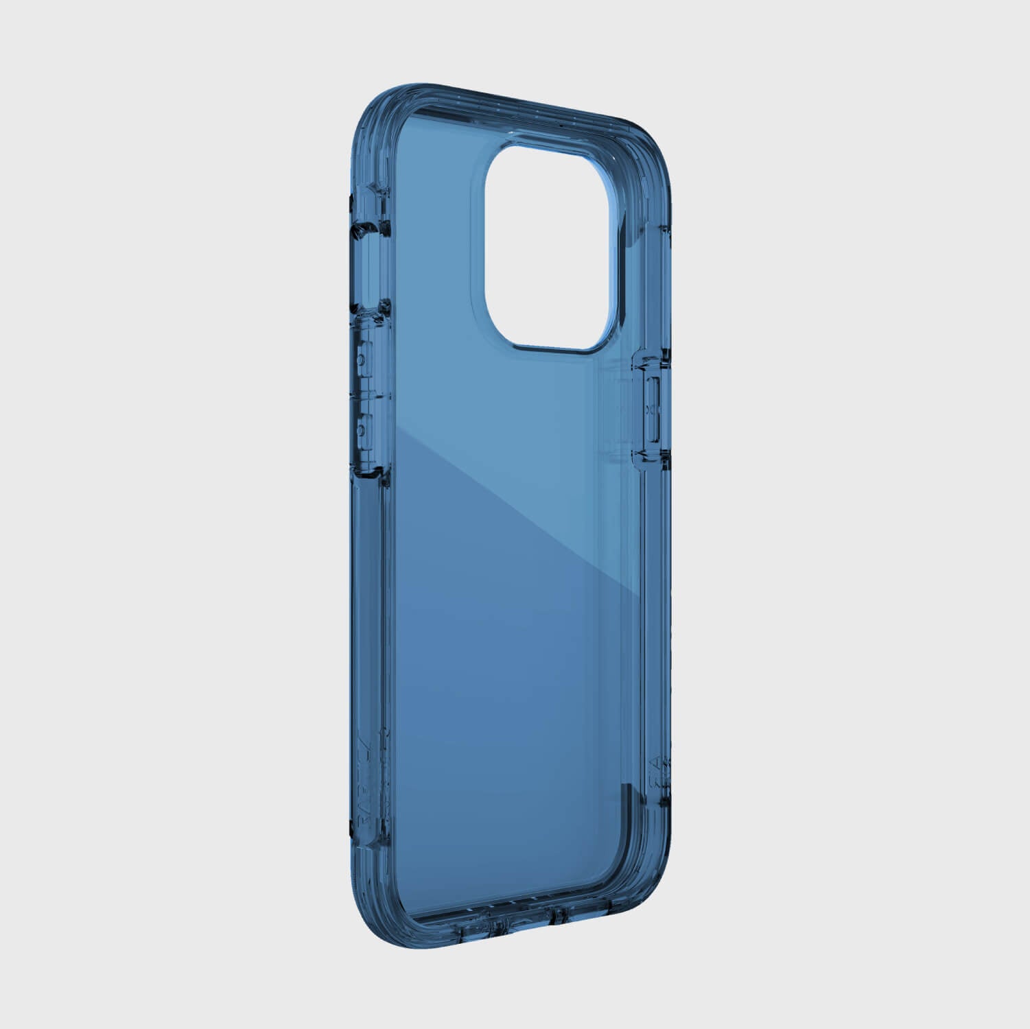The drop-proof back view of a blue Raptic iPhone 13 Pro Case - AIR, with 13-foot drop protection and wireless charging compatibility.