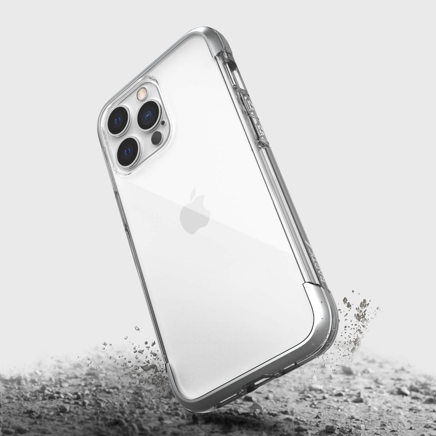 A white Raptic iPhone 13 Pro Max Case - AIR cell phone with four cameras.