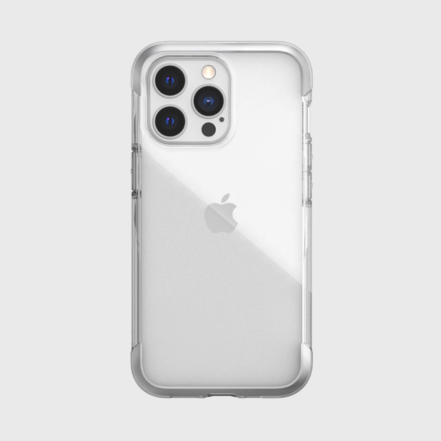 A white Raptic iPhone 13 Pro Max Case - AIR with four cameras and 13-foot drop protection.