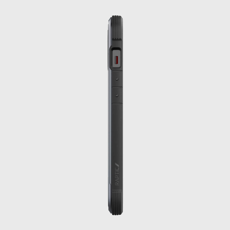 The back of an iPhone 13 Pro phone on a white background with Raptic SHIELD PRO case.