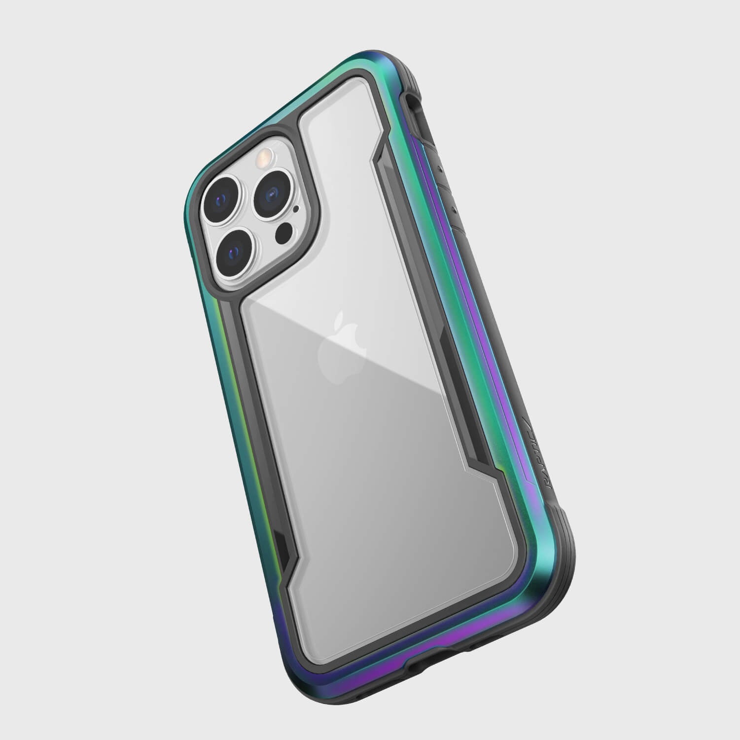 The iPhone 13 Pro case, known as the Raptic SHIELD PRO, is displayed with a vibrant rainbow colored back that offers superior 13 foot drop protection.