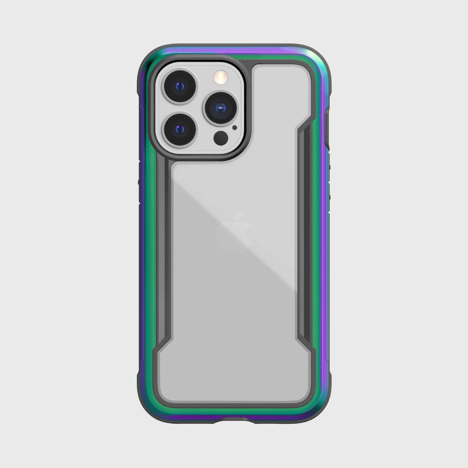 The Raptic SHIELD PRO iPhone 13 Pro case showcases a vibrant purple and green color scheme, offering superior 13-foot drop protection.