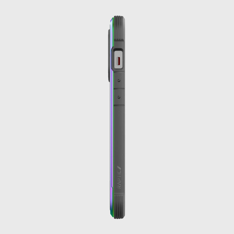The Raptic SHIELD PRO phone case is a black and purple iPhone 13 Pro accessory that provides 13 foot drop protection.