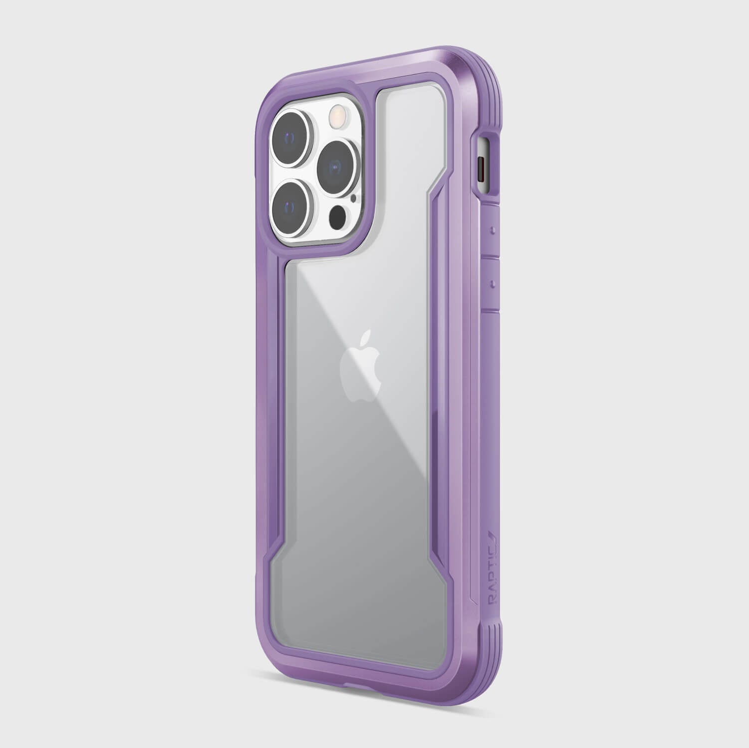 A Raptic SHIELD PRO case for iPhone 13 Pro with drop protection in purple.