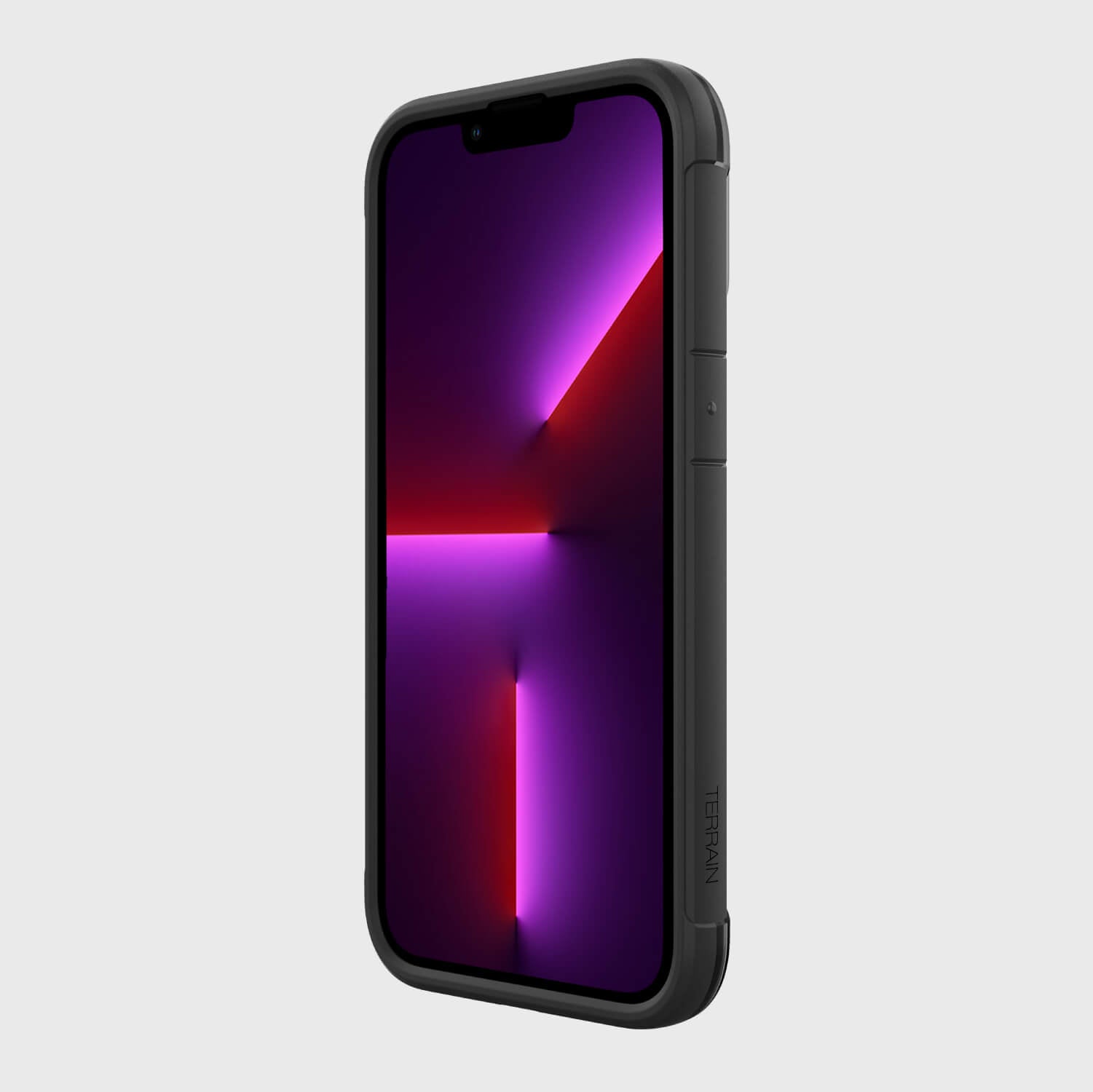 An eco-friendly black iPhone 13 Pro Case - TERRAIN with a purple background.