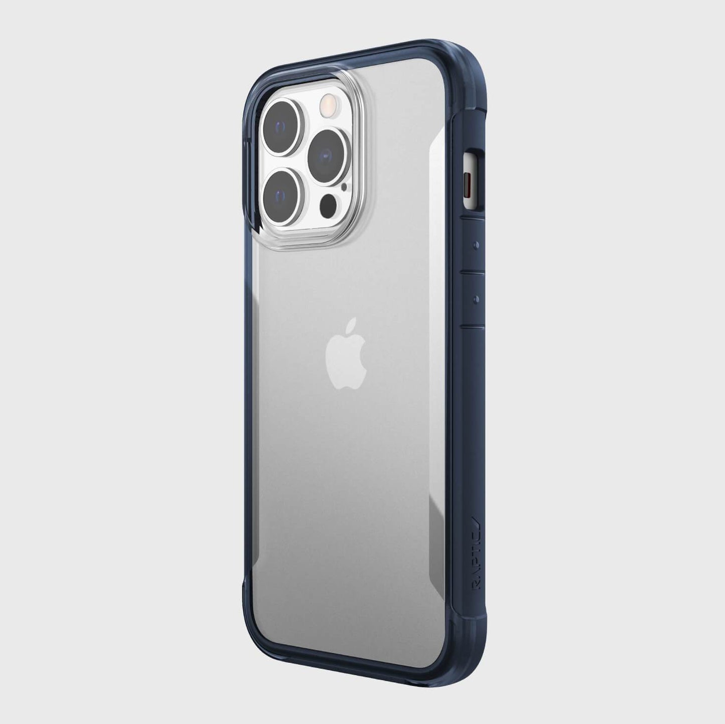 Showing an iPhone 13 Pro Max in a blue Raptic Terrain case