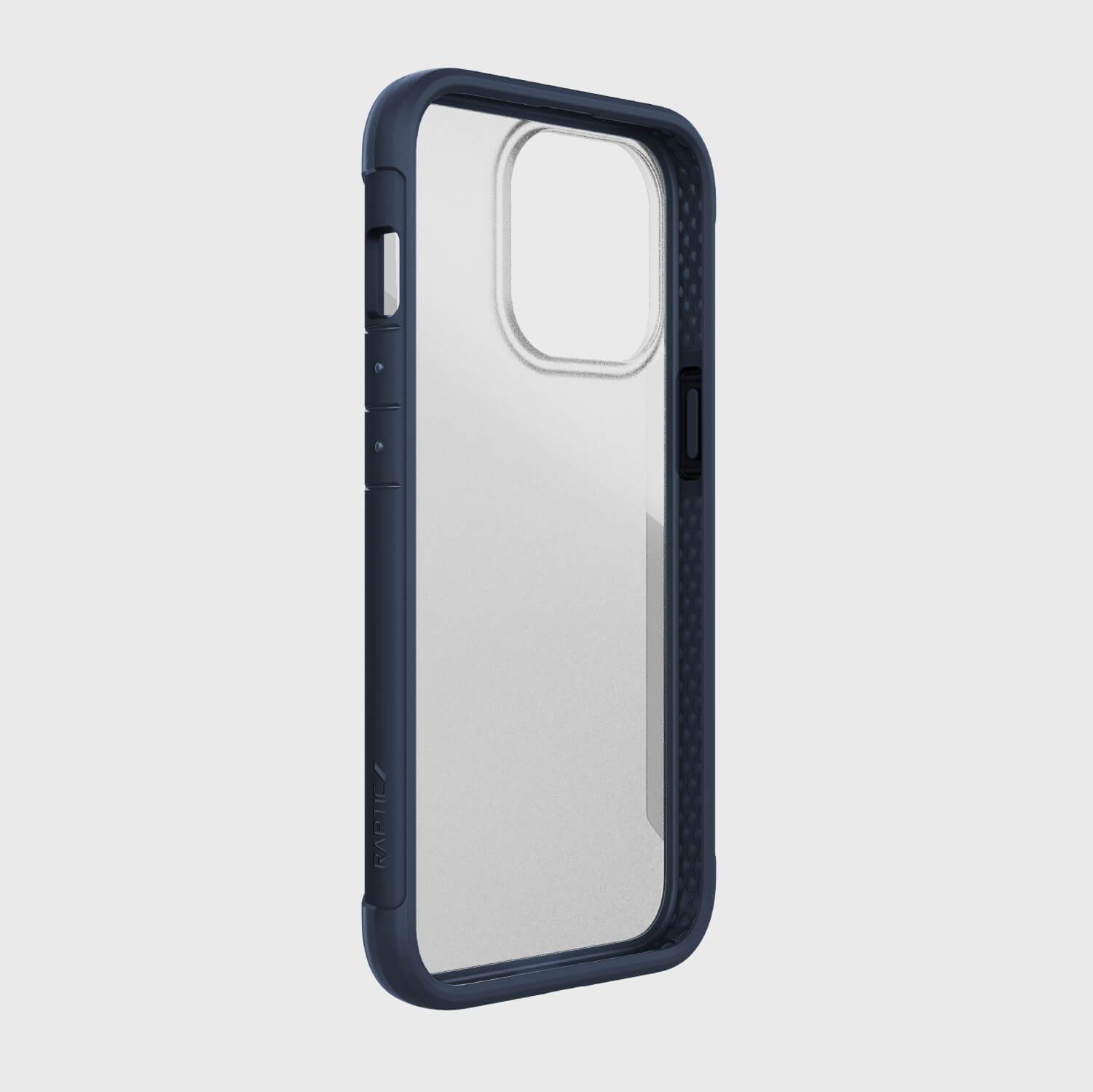 The back view of an eco-friendly iPhone 13 Pro Max Case - TERRAIN in blue by Raptic.
