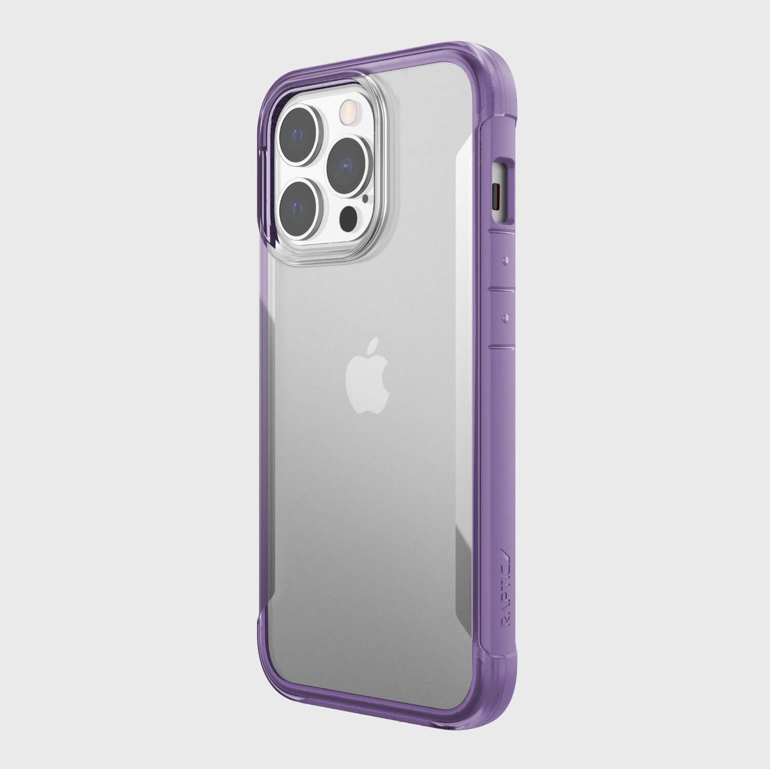 Showing an iPhone 13 Pro in a purple Raptic Terrain case