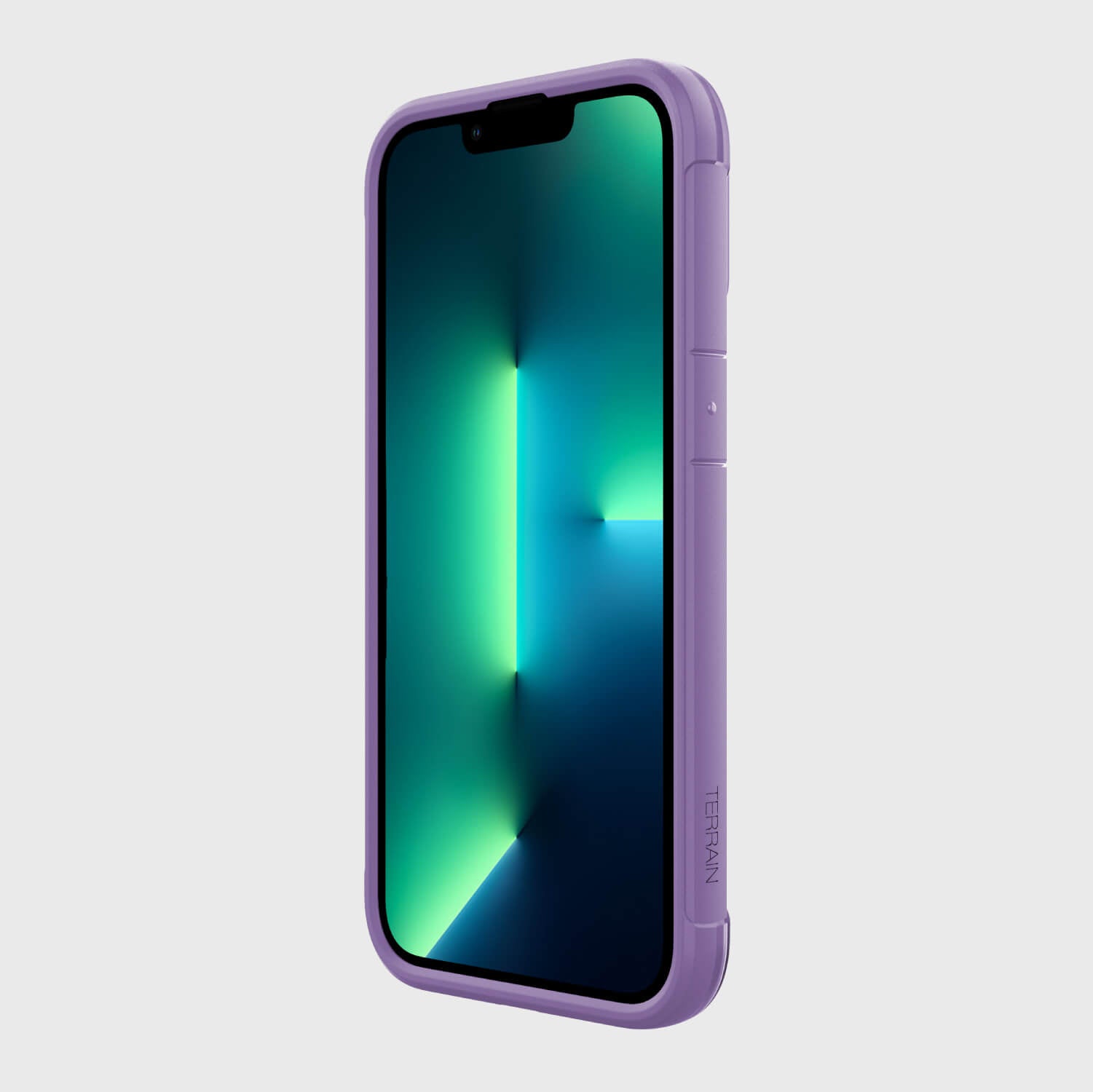 An eco-friendly purple iPhone 13 Pro Case - TERRAIN by Raptic on a white background.