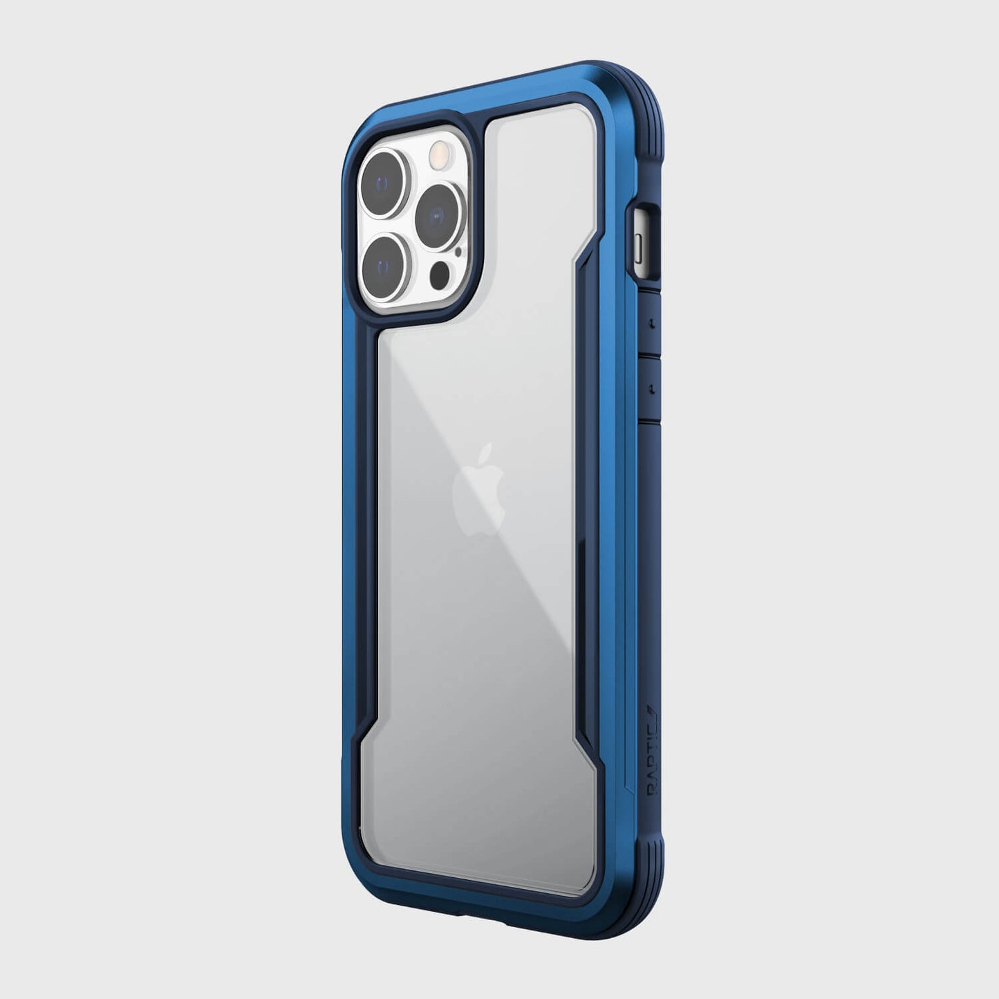 Showing the back of an iPhone 13 Pro Max in a Raptic Shield blue case