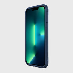 Showing the front of an iPhone 13 Pro Max inside a blue Raptic shield case