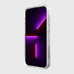 The back of an iPhone 14 Case ~ Clutch by Raptic with a purple light on it.