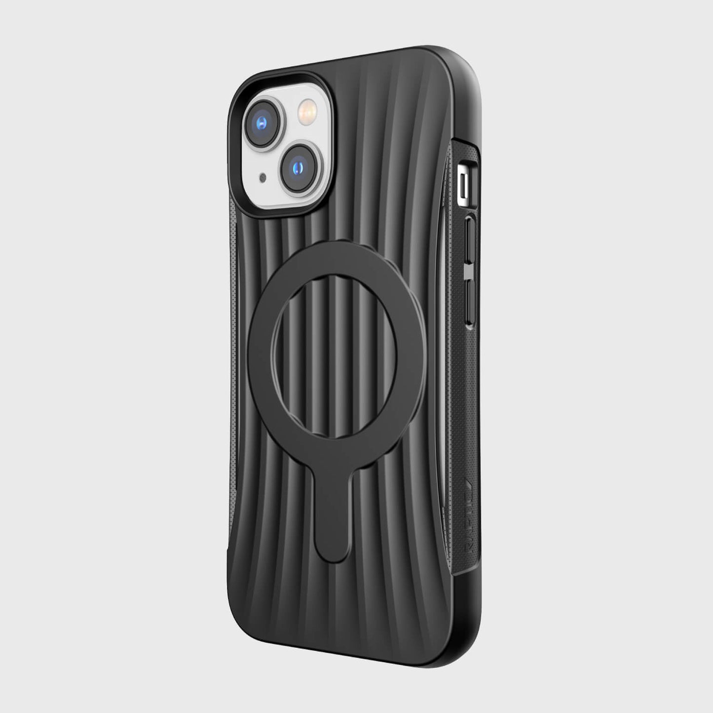 A black iPhone 14 Case ~ Clutch MagSafe by Raptic with a circular ring on it.