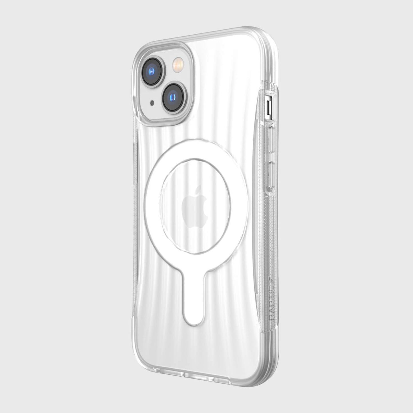 A clear iPhone 14 Case ~ Clutch MagSafe by Raptic with a circle on it.