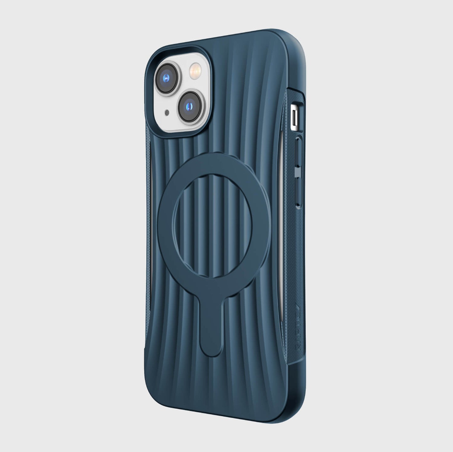 A blue iPhone 14 case with a circular ring on the back, the Clutch MagSafe by Raptic.