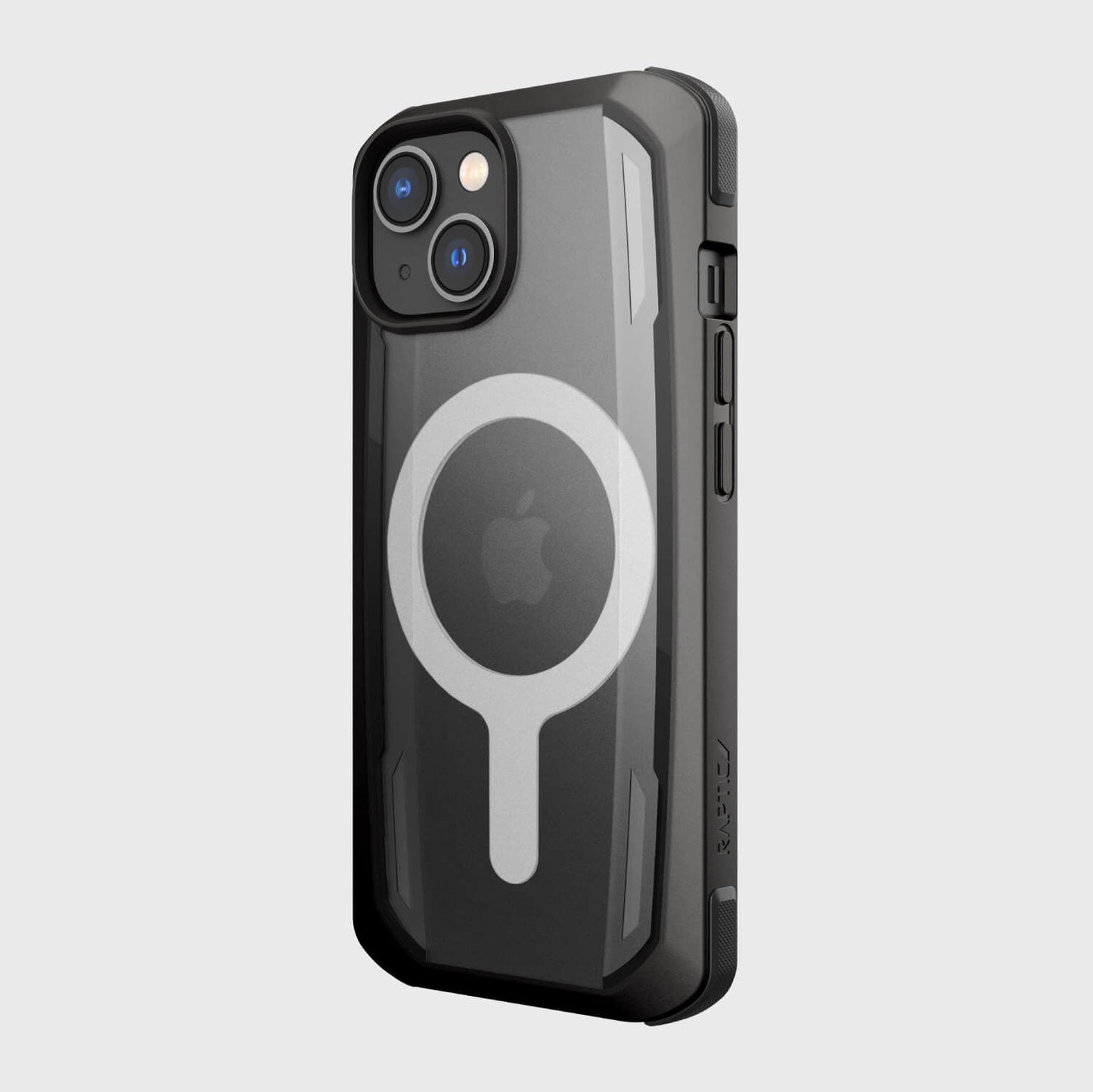 A black iPhone 14 case by Raptic with a circle on it - secure built for MagSafe.