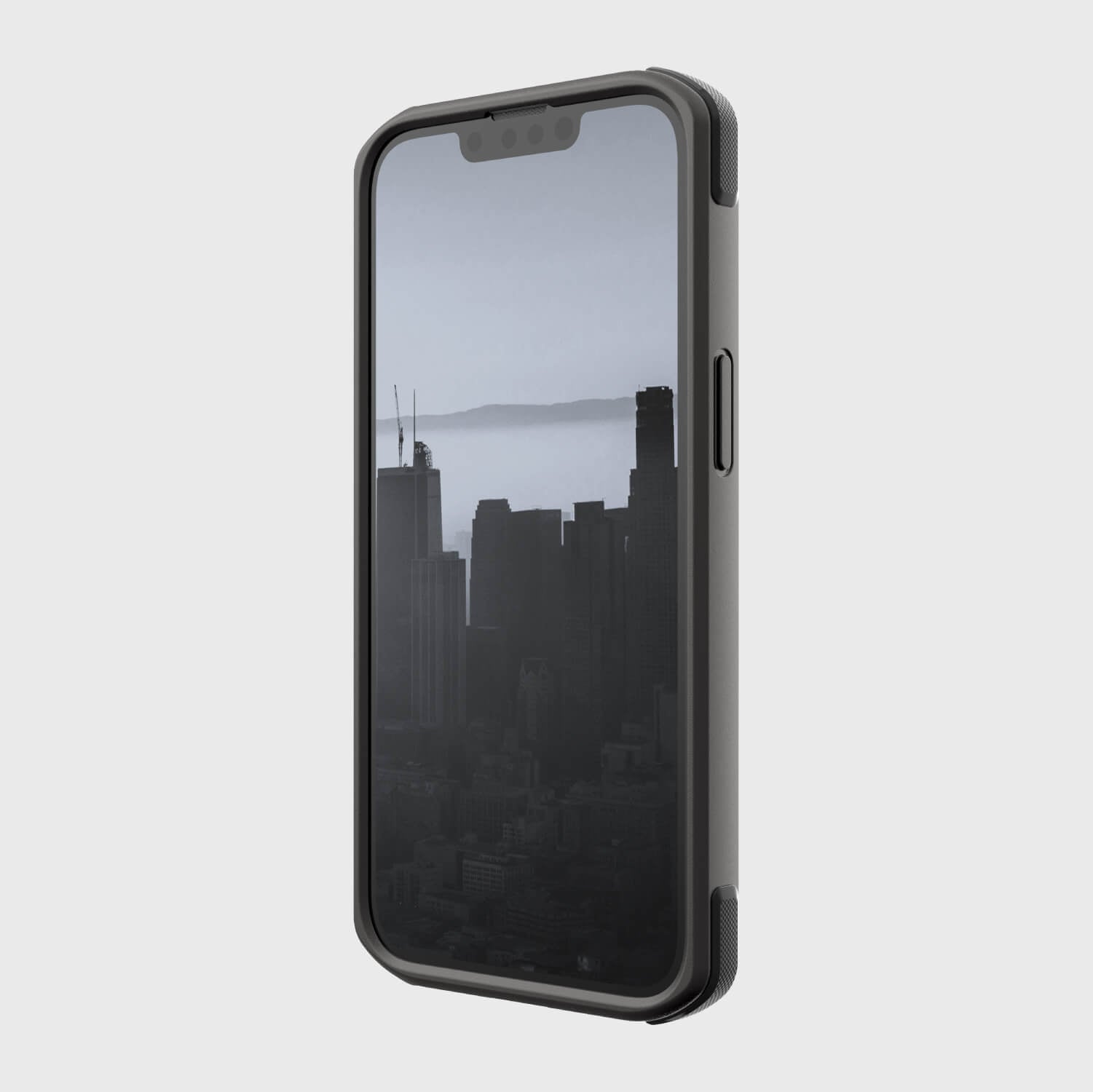 A black Raptic iPhone 14 case with a view of the city.