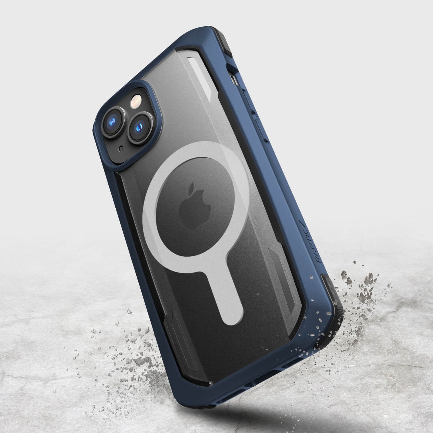 A blue iPhone 14 case from Raptic with a camera on it.