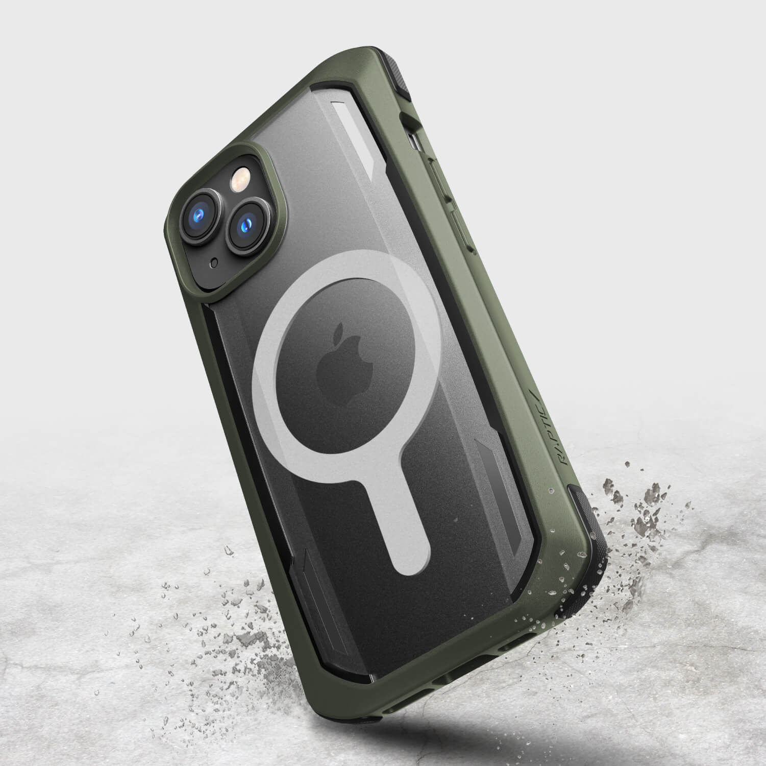 The iPhone 14 case by Raptic is shown in olive green.