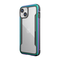 A Raptic Military Grade Drop Test iPhone 14 Shield case with purple, blue, and green accents, offering screen protection.