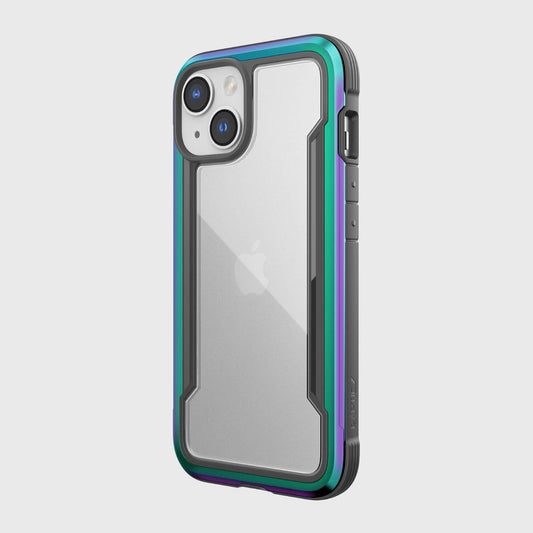 A Raptic Military Grade Drop Test iPhone 14 Shield case with purple, blue, and green accents, offering screen protection.