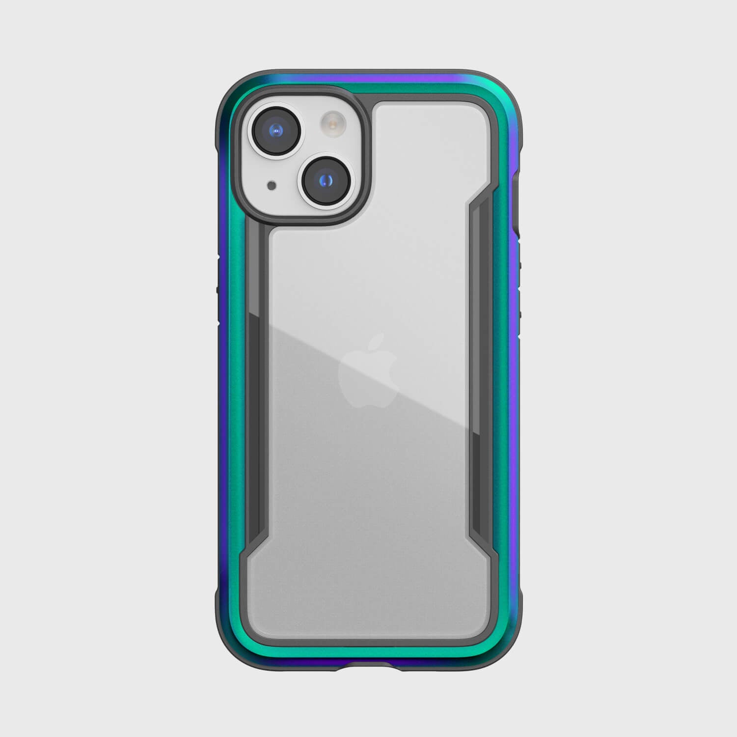 A blue and green iPhone 14 case - Shield by Raptic with screen protection.