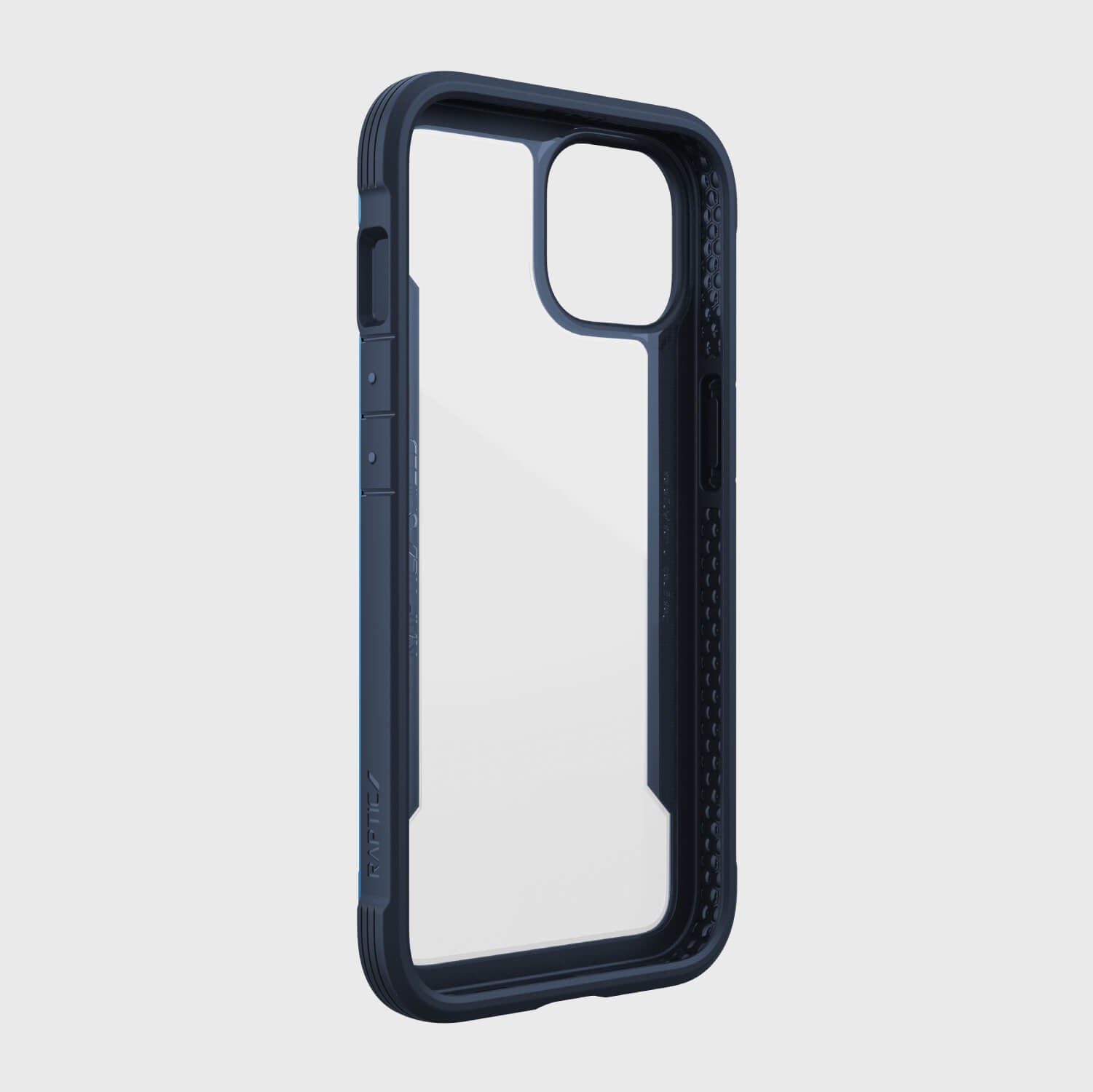 A blue iPhone 14 case - Shield by Raptic, with a clear back, providing screen protection.