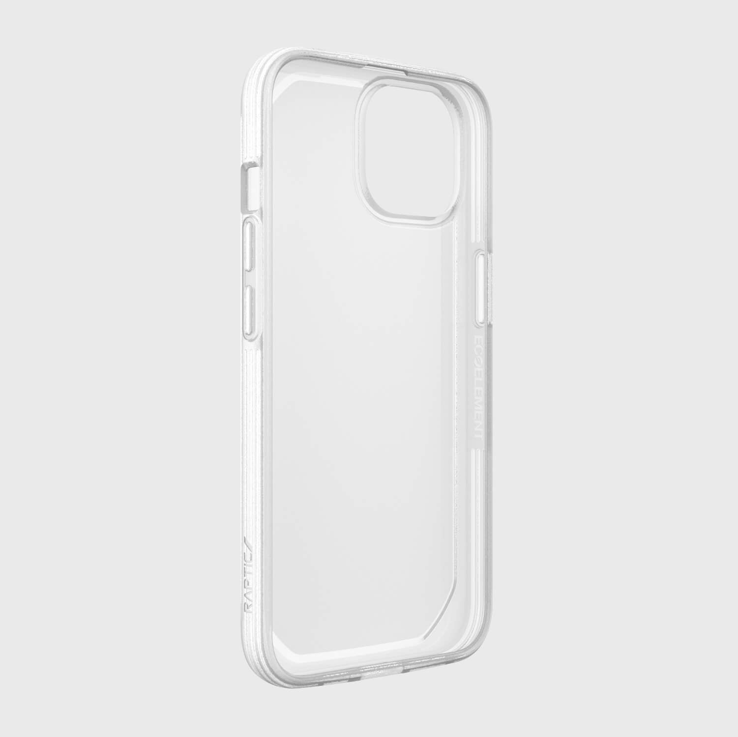 A clear and Raptic's iPhone 14 Slim Case on a white background.