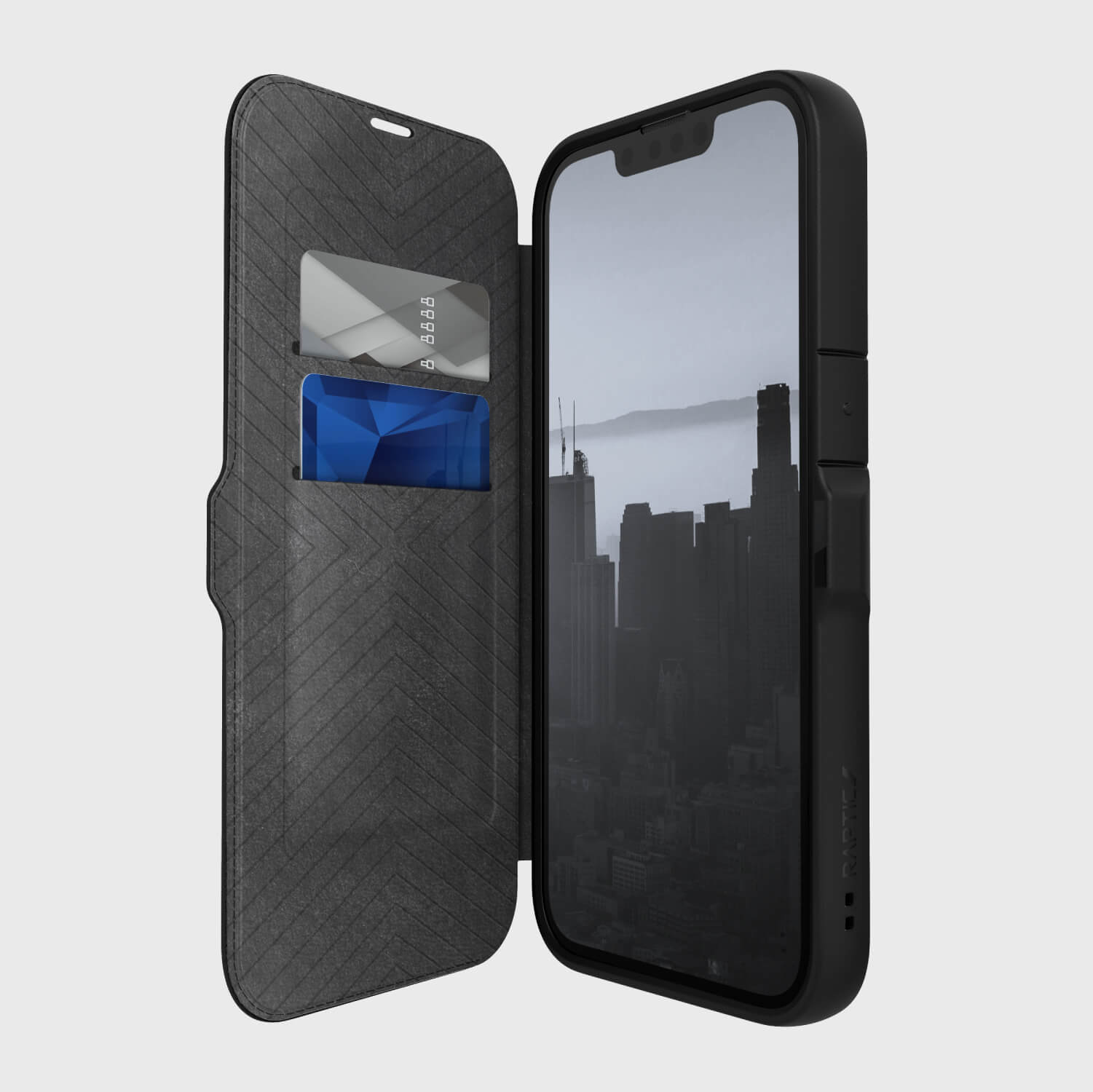 A black Raptic iPhone 14 ~ Urban Folio case with a credit card holder.