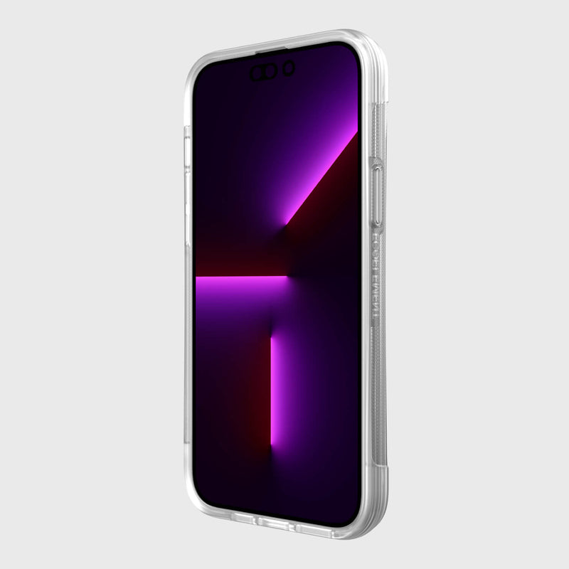 The back of a Raptic iPhone 14 Plus Case ~ Clutch with military-grade drop protection and a purple light on it.