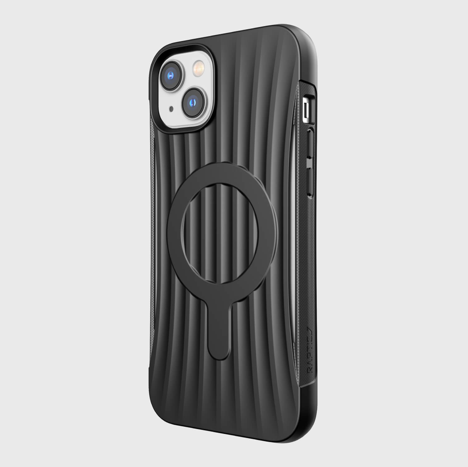 A black iPhone 14 Plus case ~ Clutch MagSafe with a circular ring on it.