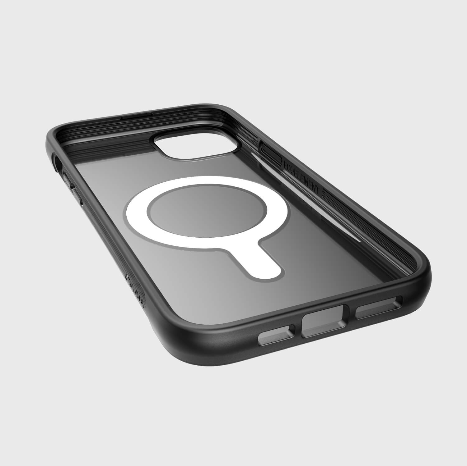 A black iPhone 14 Plus Case ~ Clutch MagSafe with a magnifying glass on it, made by Raptic.