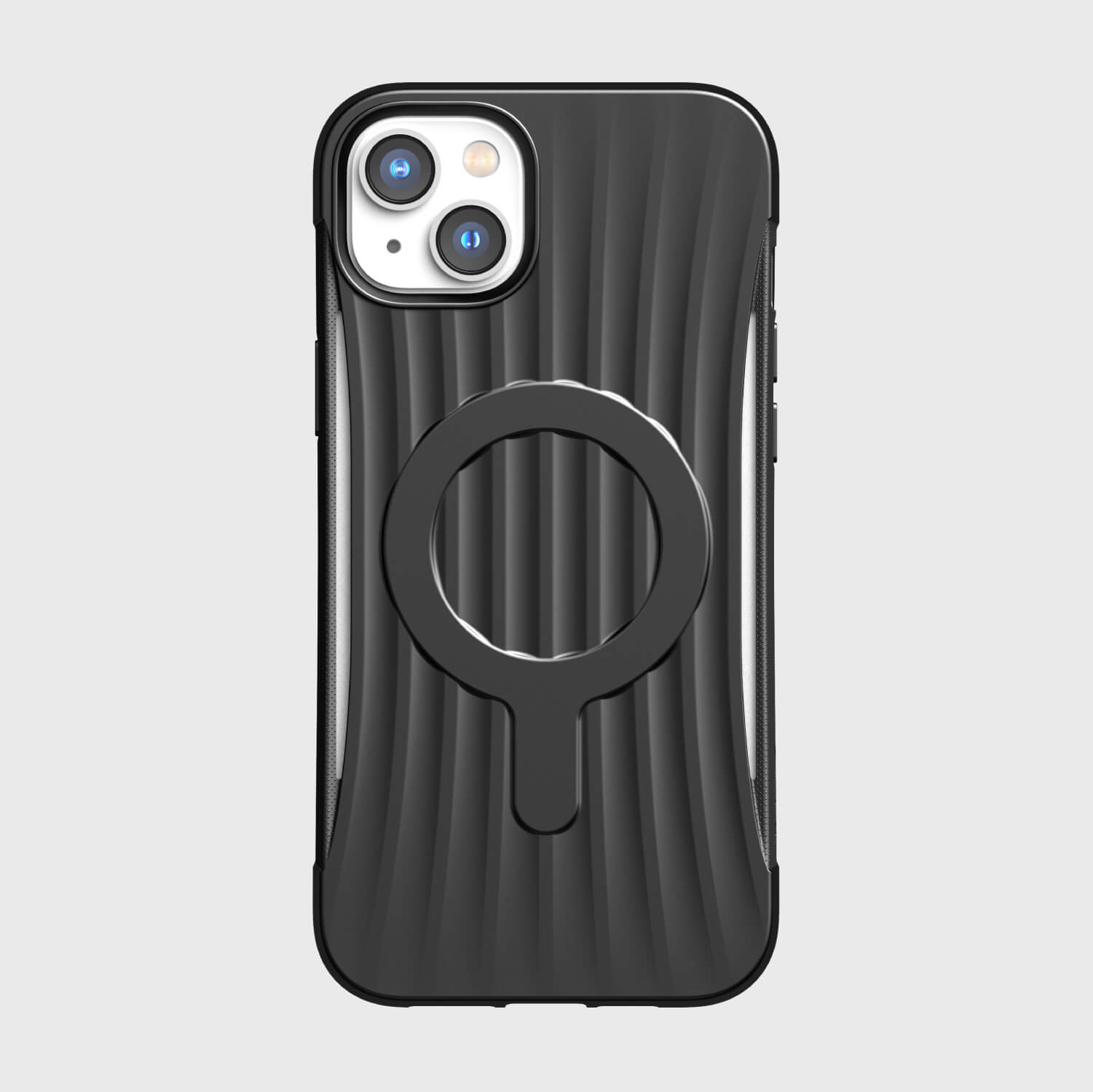 A black iPhone 14 Plus Case ~ Clutch MagSafe with a circle on it by Raptic.