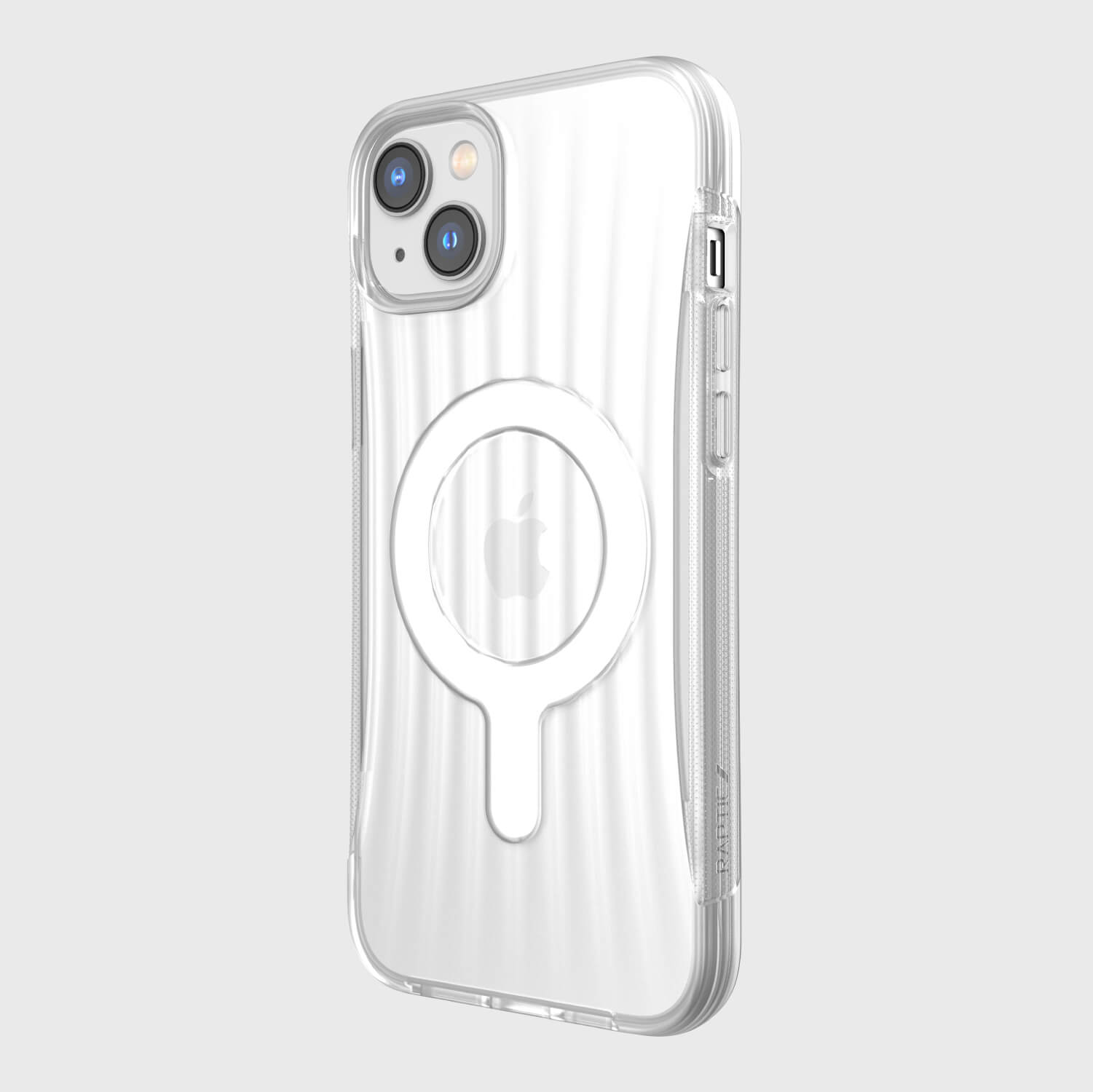 A clear iPhone 14 Plus Case ~ Clutch MagSafe with a circle on it.