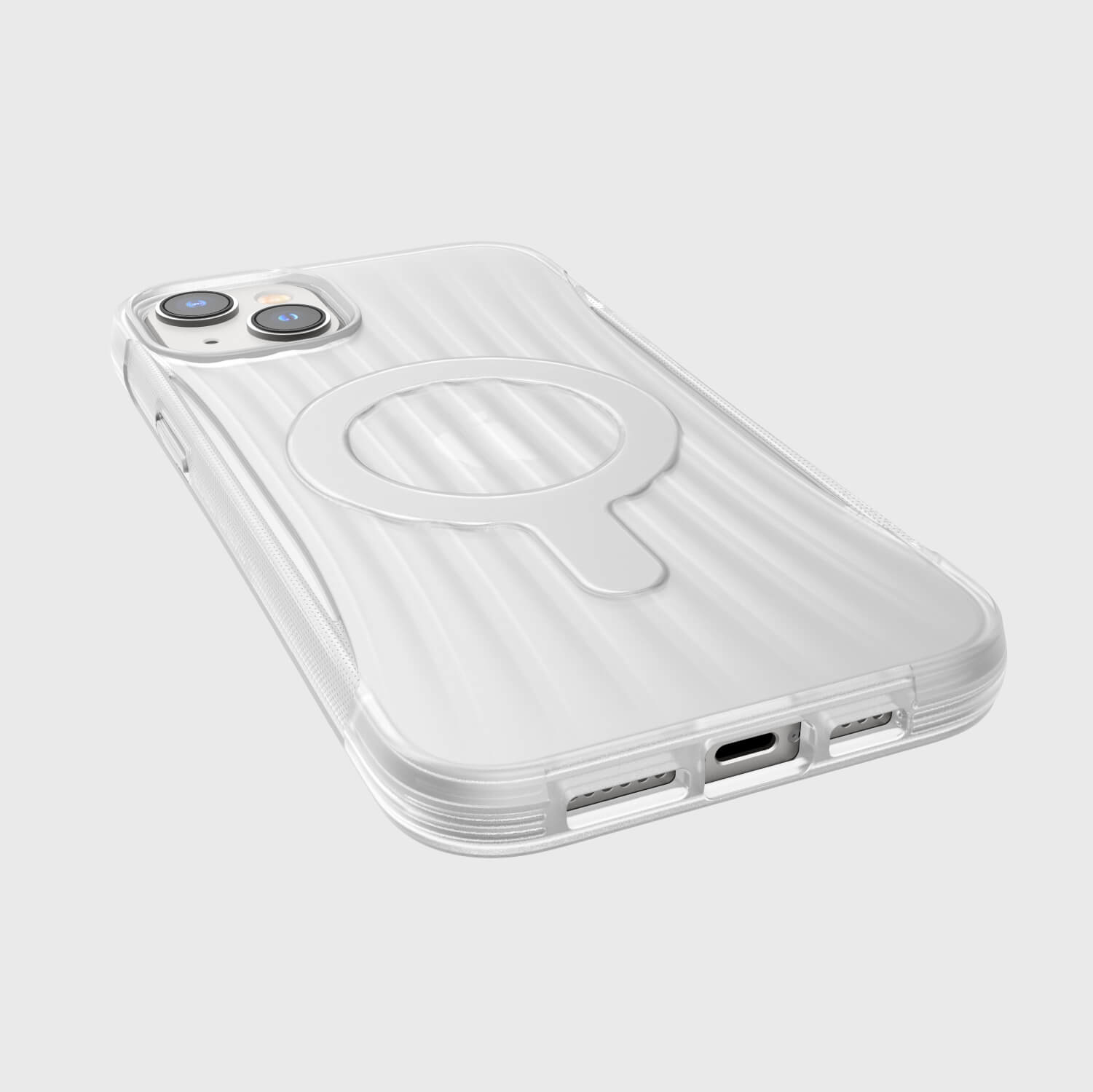 The back of a white iPhone 14 Plus Case ~ Clutch MagSafe by Raptic.